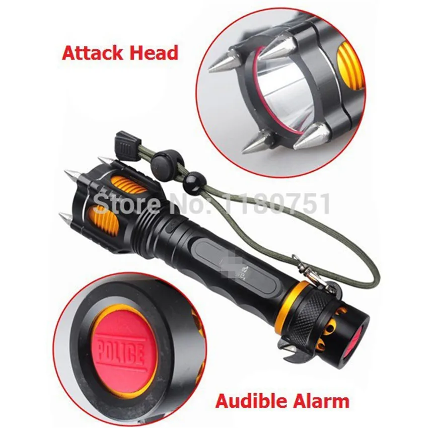 

NEW 2000LM T6 LED Multifunctional Police Tactical Flashlight Torch Waterproof Audible Alarm Attack Hunting flashlight 5 Modes