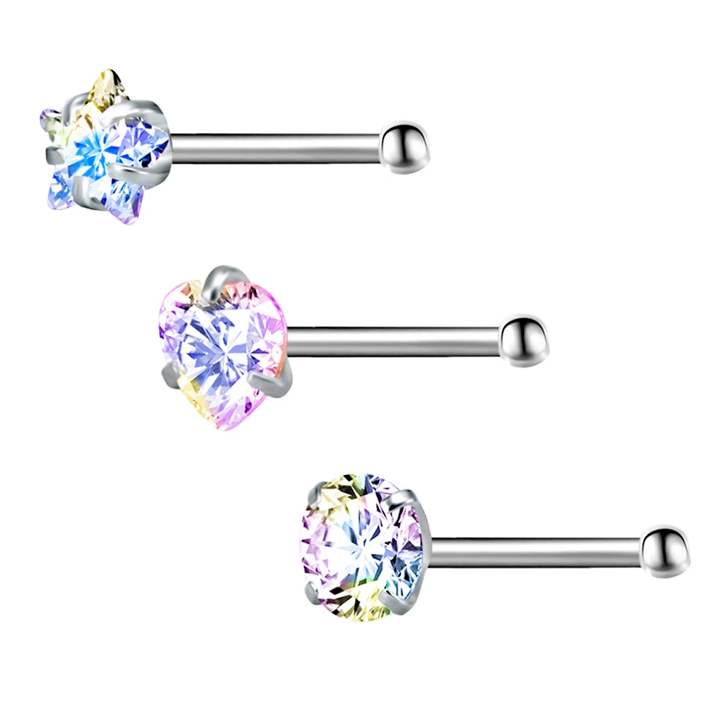 MagiDeal 9 Pieces Stainless Steel Zircon Crystal Screw Curved Nose Ring Studs Ear Body Piercing Jewelry 20G