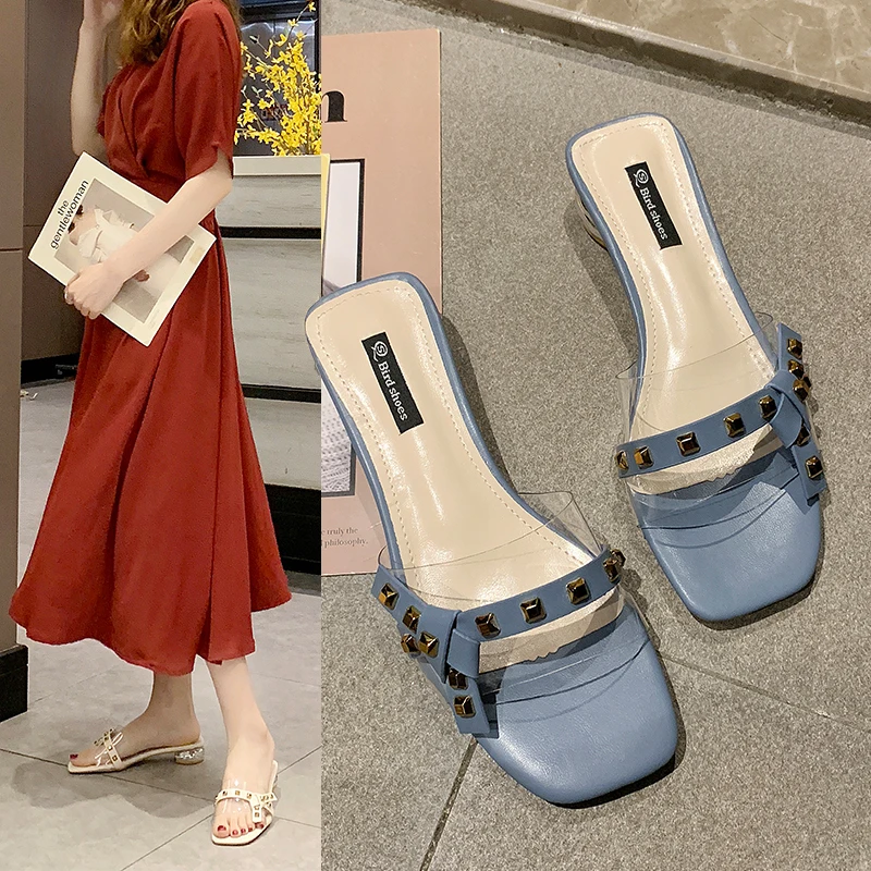 

2019 New Casual Summer Beach Gladiator Slippers for Women Rubber Sole Rivet Non-slip Slipper Fashion Woman Square Heels Shoes