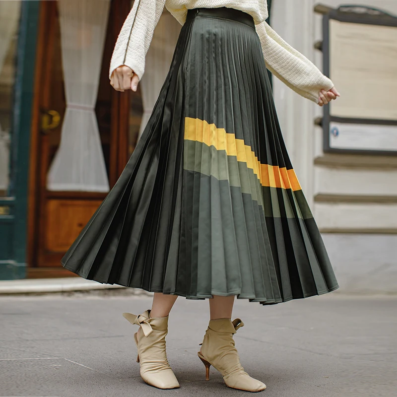 

INMAN 2019 Spring Autumn New Arrival Empire Waist A Line Bottom Pleated Stripped Causal Women Skirt