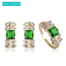 MECHOSEN Verde Rhinestone Joyería de la Boda Conjuntos Para Las Mujeres Pendientes Del Color Del Oro Fino Anillo de Bloqueo Inglés Brincos Zirconia Anillos
