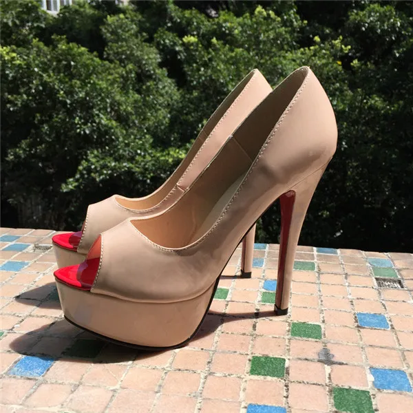2015-new-brand-Women-Pumps-sexy-platform-Patent-leather-14-cm-high-heels-fish-head-red (1)