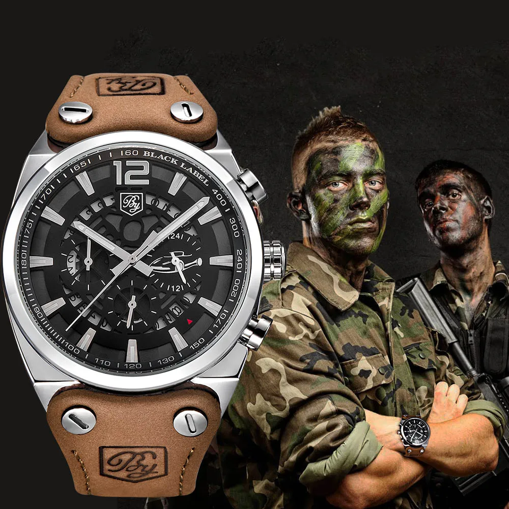 Online Reloj deportivo de esfera grande de BENYAR para hombre, reloj de cuero de cuarzo con cronógrafo militar resistente al agua para exteriores, reloj Masculino