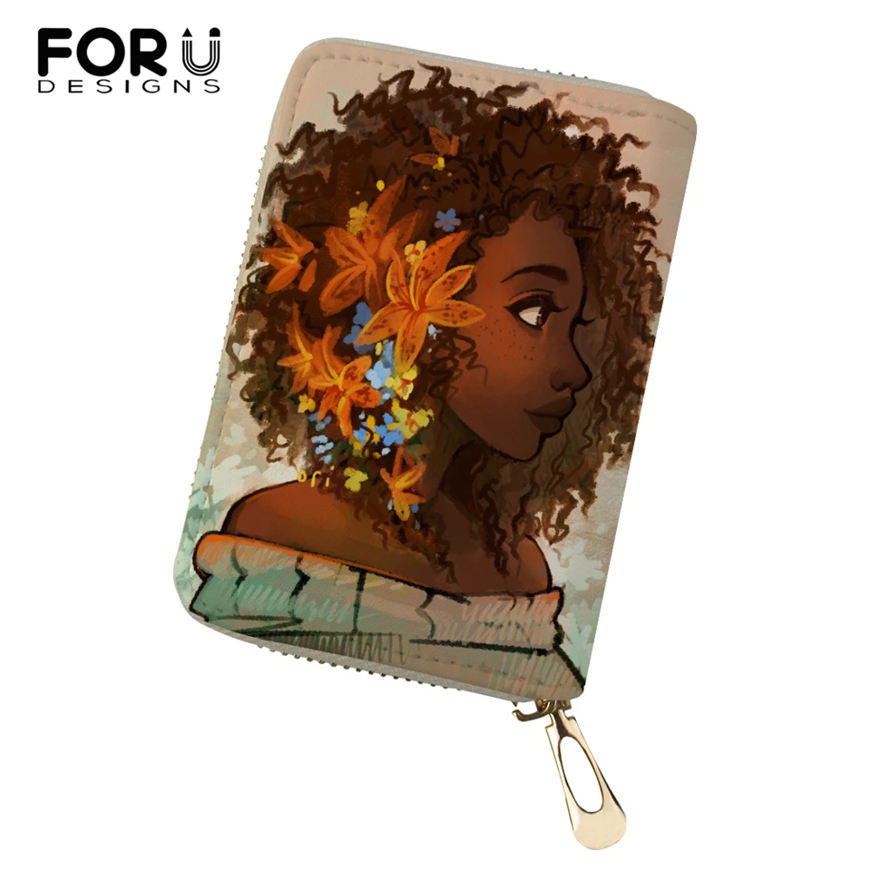 

FORUDESIGNS Women PU Business Card Holder African Girls Printing Pattern Girls Money Purses Bags Fashion Lady Cluth Card Wallets