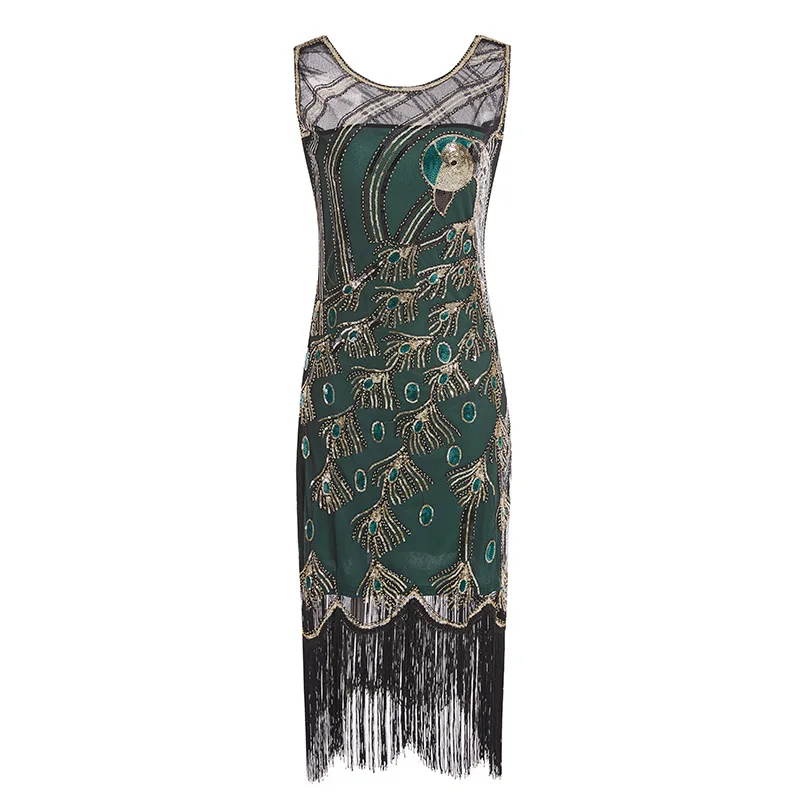

1920s Vintage Flapper Great Gatsby Dress Summer Fancy Costumes V-Neck Peacock Embroidery Sequin Fringe Party Midi Dresses