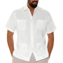 Хлопковая Льняная мужская рубашка с несколькими карманами, летняя Свободная Повседневная однотонная с коротким рукавом, топы размера плюс, рубашка с отворотом, мужская белая рубашка на пуговицах