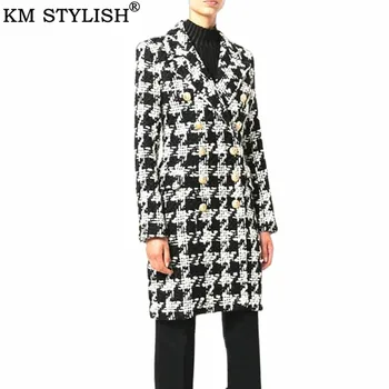 

2019 Fall Winter New Women's Jacket Metal Buckle Double Breasted Houndstooth Tweed Woolen Slim Long Jacket