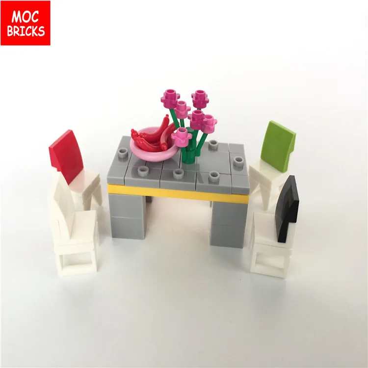 

MOC Bricks Colorful Chair & Gray desk & pink disk & food Action Figure Toy Kids Educational Building Blocks kids gifts