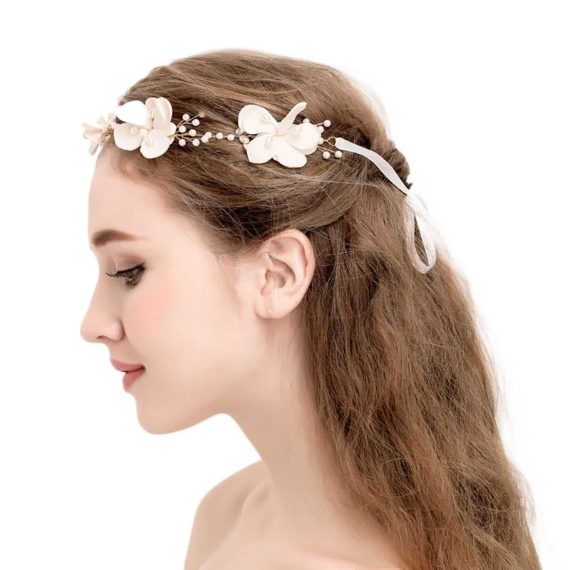 

Handmade Pearl Crystal Flower Bride Headband with Ribbon Tiara Headpiece Hair Jewelry Women Headpiece Noiva Wedding Accessories