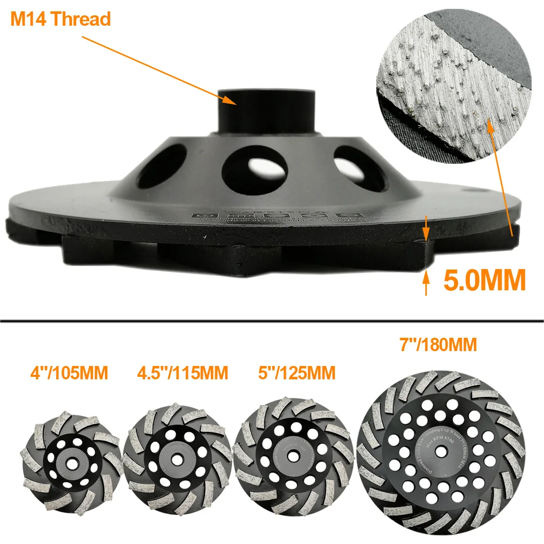 DT-DIATOOL 2pcs/pk 4"/4.5"/5"/7" Diamond Segmented Turbo Cup Grinding Wheel with M14 or 5/8-11 thread for Concrete hard Stone