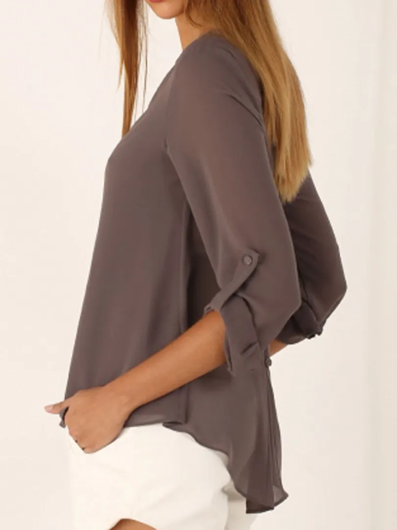 Feminina com Decote em v Camisa para Mulheres Blusa Profundo Botões Manga Comprida Chiffon Cor Sólida Preta Casual Blusas S-5xl 5 Blusas e Camisas