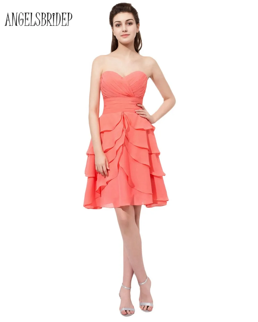 ANGELSBRIDEP Short Coral Bridesmaid Dresses With Ruffles Sweetheart