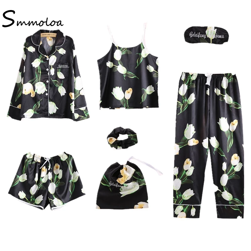 

Smmoloa New Sexy Silk Satin Pajamas Set 7 Piece Women Striped Sleepwear Pyjamas