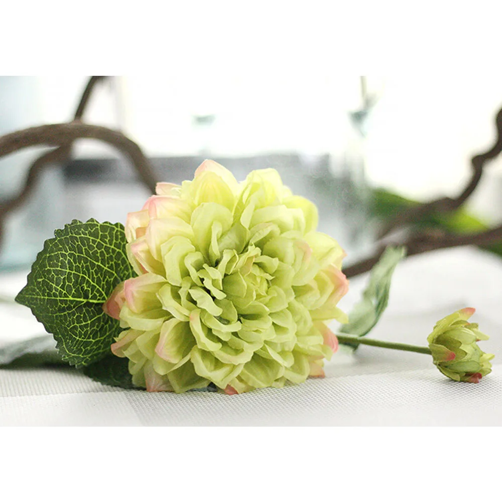 2 головки Dahlias Искусственные цветы Шелковые осенние яркие настоящие на ощупь искусственные цветы для свадебной вечеринки DIY украшение для дома и сада цветочный - Цвет: Зеленый