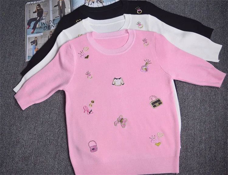 Летний стиль, женские тонкие свитера, маленькие предметы, вышивка, Женский вязаный свитер, топы, опт, женские джемперы, топы - Цвет: Розовый