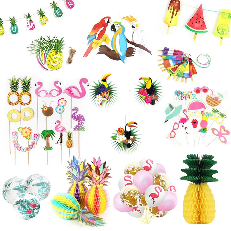 

Tropical Party Hawaiian Decorations 1Set Hanging Paper Fans Flamingo Toucan Palm Leaves Pattern Summer Birthday Luau Party Decor
