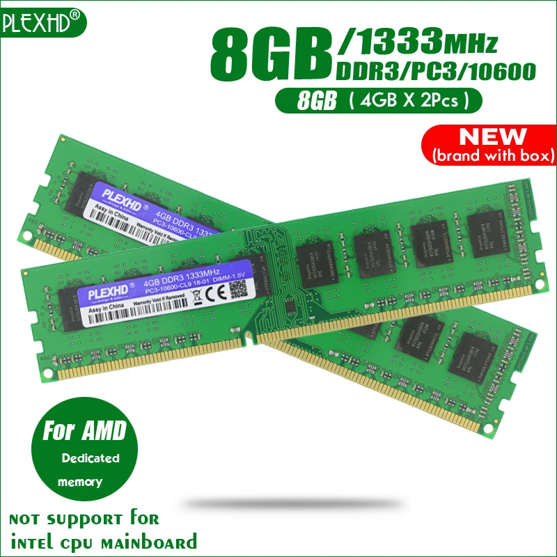 

New PLEXHD 8GB (2pcsX4GB) 8G DDR3 PC3-10600 1333MHz PC3 10600 For Desktop PC DIMM Memory RAM 240 pins For AMD System Compatible