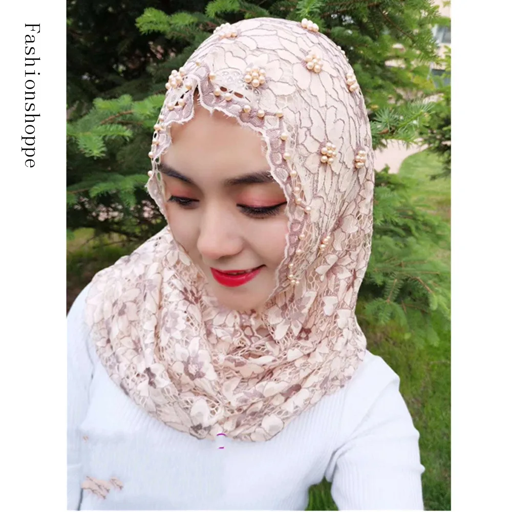 

Muslim Women's Lace Tube Headwrap Scarf Islamic Beaded Arab Hijab Headcover Cap Hijab Bonnet Femme YS448