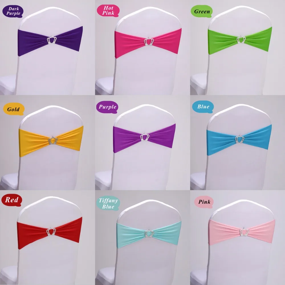 

Wholesale 100pc/lot Spandex Wedding Chair Sash Band Crown Knot White Red Blue Gold Elastic Wedding Birthday Chair Decoration