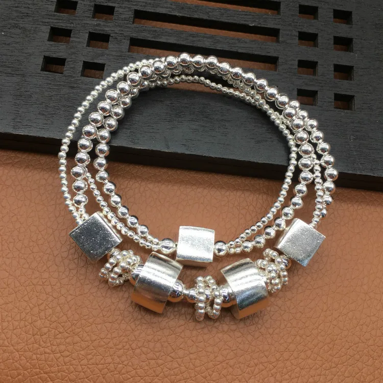 Ручной работы 925 серебряный браслет из бусин тайский серебряный квадратный бисерный браслет 2 круга серебряные бусы женский браслет