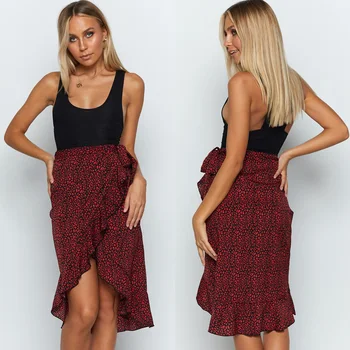 

Women Lady High Waist Ruffles Skirt Midi Knee Length Print Red Skirt Casual Party Street Beach Skirts
