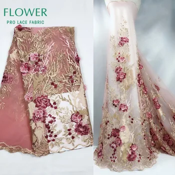 

Unique Design Beaded Embroidered African Net Lace Fabric With 3D Flower Applique New Nigerian Guipure Lace For Lady Mesh Fabrics