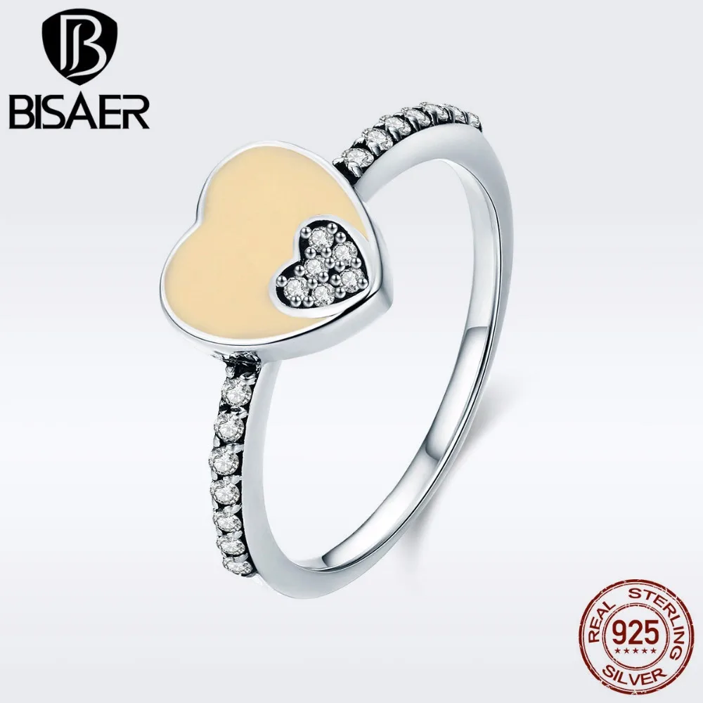 

BISAER Real 925 Sterling Silver Romantic Heart in Heart Engagement Finger Rings for Women Authentic Silver Jewelry S925 GXR316