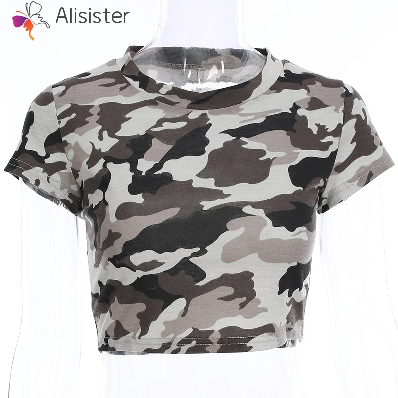 Camo Print Crop Tee летние женские хлопковые топы уличная мода Камуфляжный армейский зеленый Повседневный короткий топ Базовая футболка