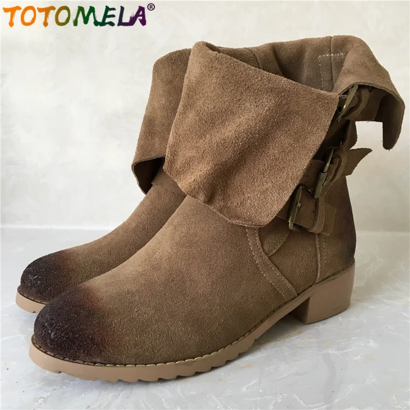 

TOTOMELA 2019 Cow leather boots women punk buckle retro square heel spring autumn boots ladies high quality ankle boots boots