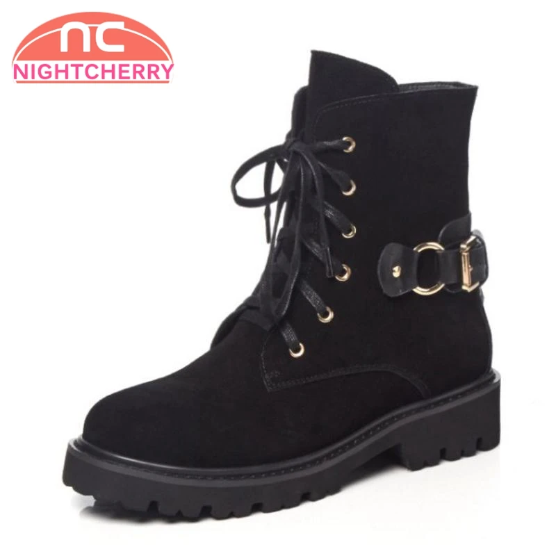

NIGHTCHERRY Woman Boots Genuine Leather Flat Heels Ankle Boots Winter Woman Shoes Fashion Motorcycle Boots Footwear Size 34-40
