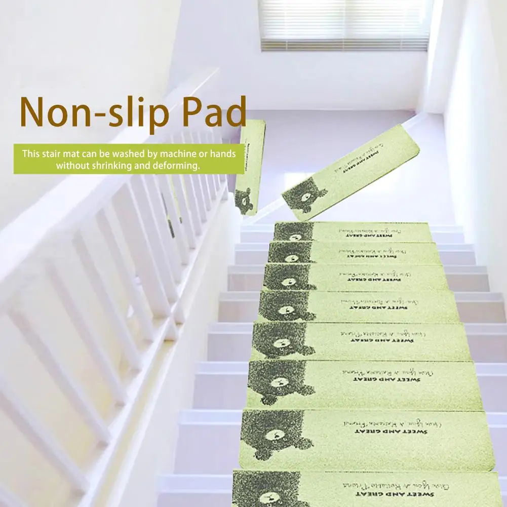 Bear Pattern Self-adhesive Non-Slip Staircase Pads Step Mats Stair Carpets Treads Protect Staircases From Scratched Wipe Kidsafe