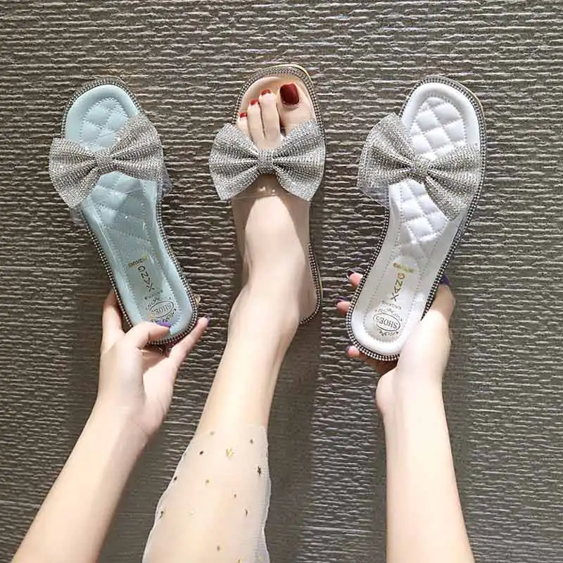 

Transparent Bow-knot Slippers Women Shoes Summer Square Toe Crystal Flats Fairy Trendy Slides 2019 New Korean Beach Flip Flops