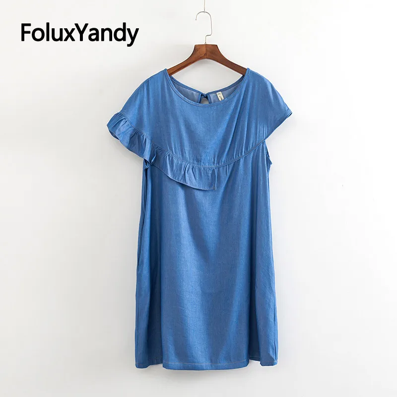 

Asymmetrical Dress Women Casual Ruffles Short Sleeve Loose Summer Denim Dress Blue Vestidos KKFY3574