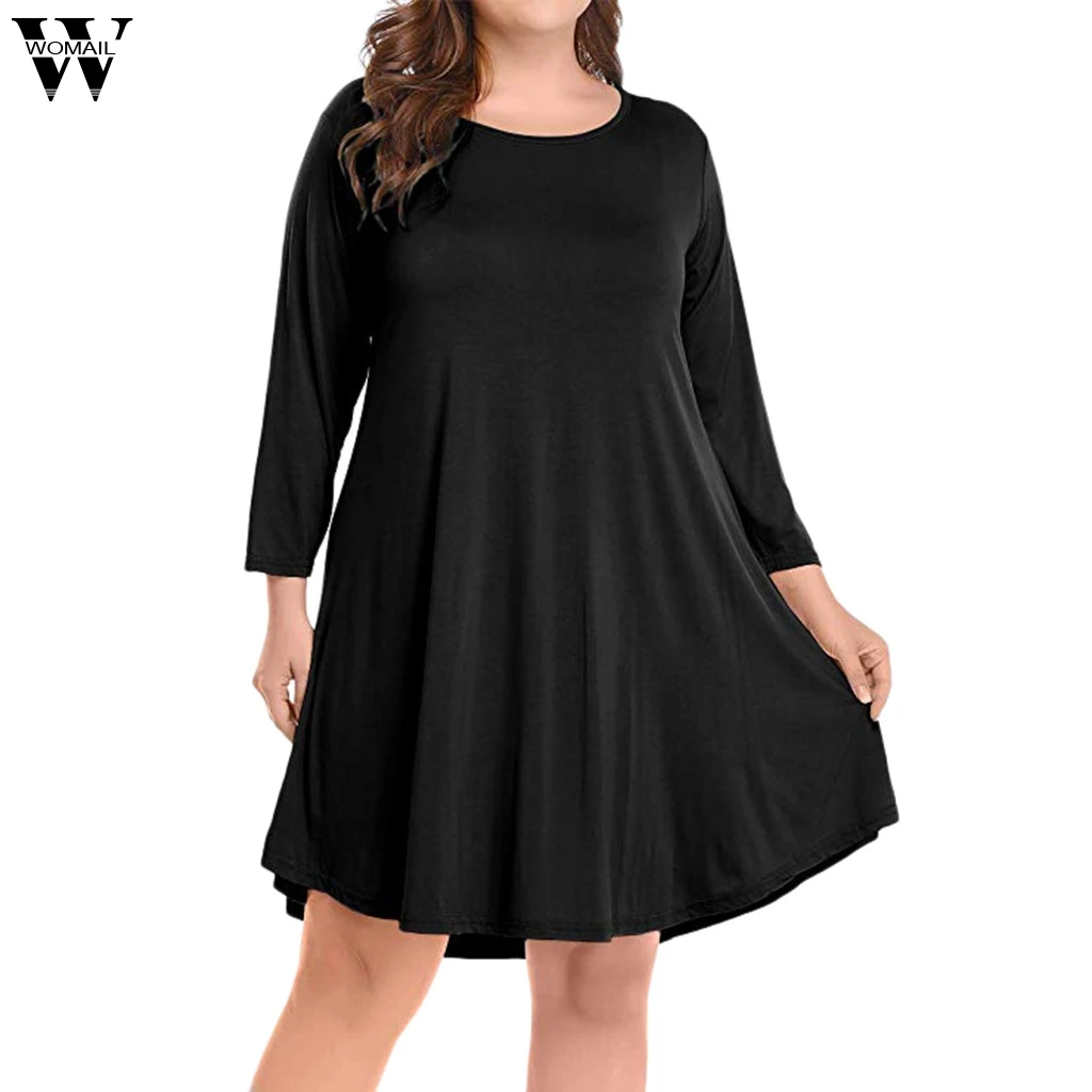 

Women Dress Large Size Long Sleeve Solid Knee Length Dress Summer Women Casual O Neck Party Dress dropship d5