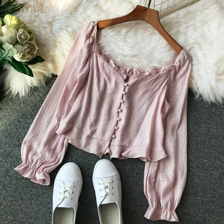 Летняя однотонная женская блузка и рубашки на пуговицах, свободные шифоновые женские элегантные рубашки с пышными рукавами, верхняя одежда, пальто, топы - Цвет: pink