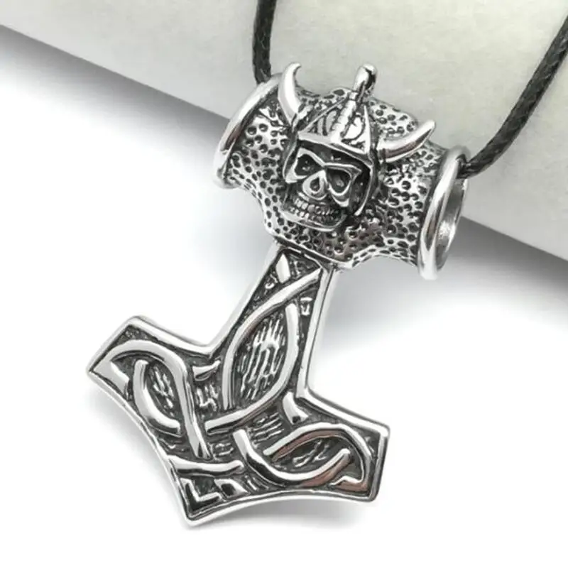 

Men's Steel Black Thor Hammer Necklace Stainless Steel Fashion Norse Mjolnir Pewter Skull Pendant Rope Necklace for Men