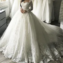 Robe De Mariage 2019 Lace Baljurk Trouwjurk Parels Bruidsjurken V-hals Uit de Schouder Vestido De Noiva Casamento