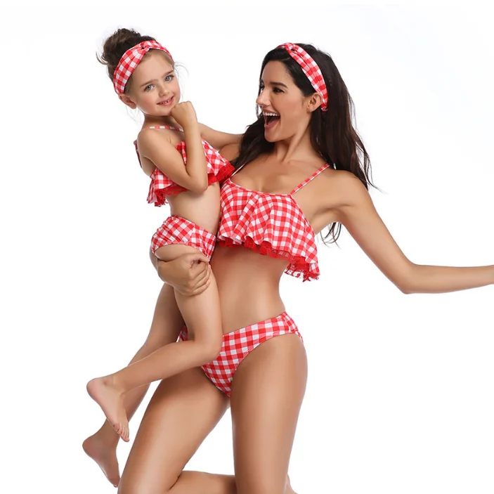 

Family Matching Swimsuit Mother and Daughter Swimsuit Red Plaid Mommy And Daughter Swimwear Ruffle Solid High Cut Swimsuit Girl