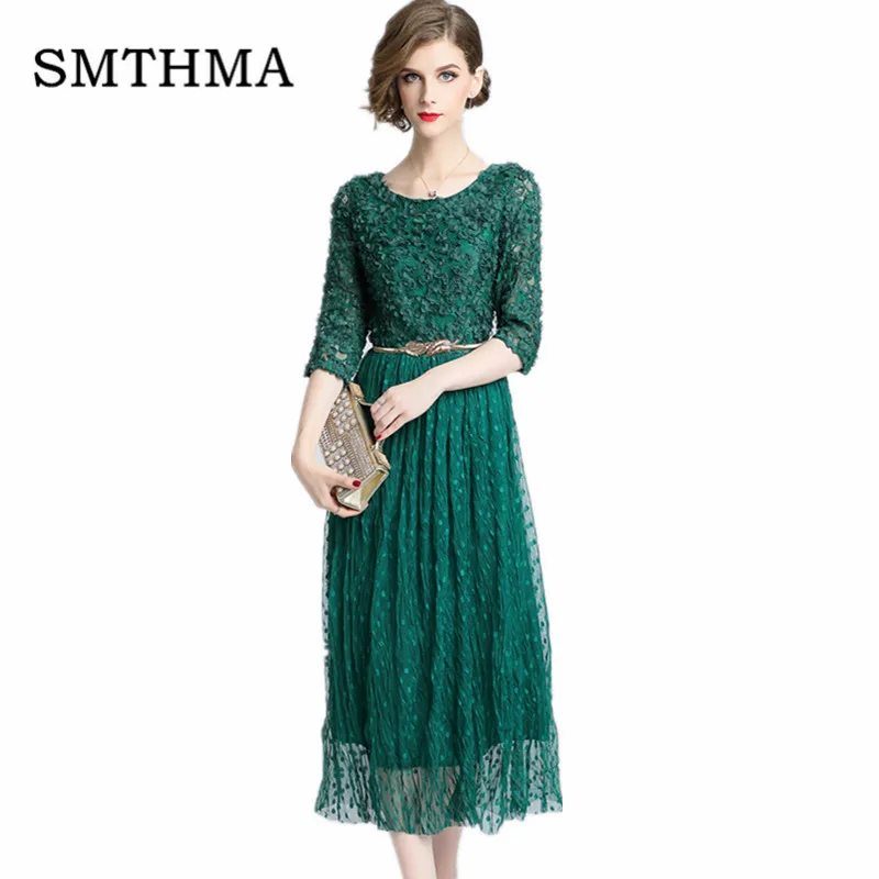 SMTHMA зеленое платье элегантное женское кружевное лоскутное Плиссированное осеннее платье с зеленым цветком платье миди с бесплатным поясом - Цвет: Photo Color