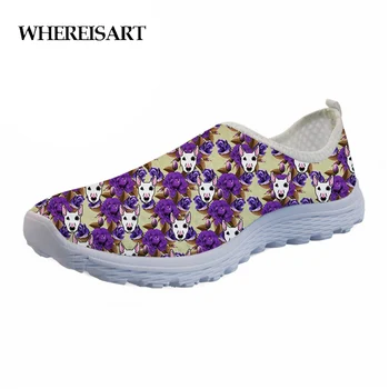 

WHEREISART Summer Shoes Flower Bull Terrier Cute Flats Women Casual Shoes Sneakers for Female Ladies Loafers Super Light Mesh