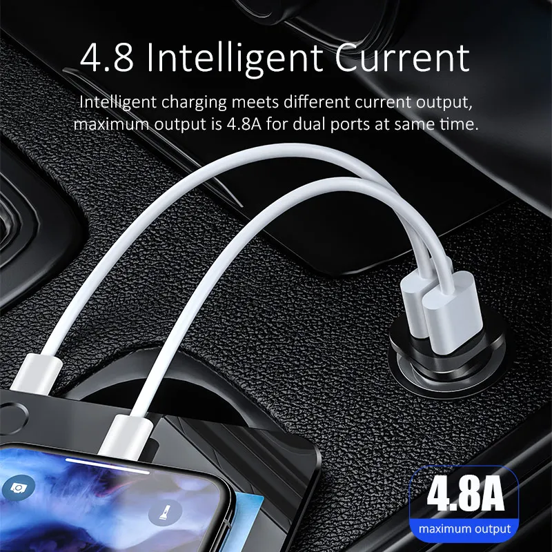 4.8A المزدوج USB البسيطة المعادن شاحن سيارة ، USAMS الذكية شحن سريع لل سيارة الهاتف شاحن 2 usb سيارة شاحن آيفون شاحن يو اس بي