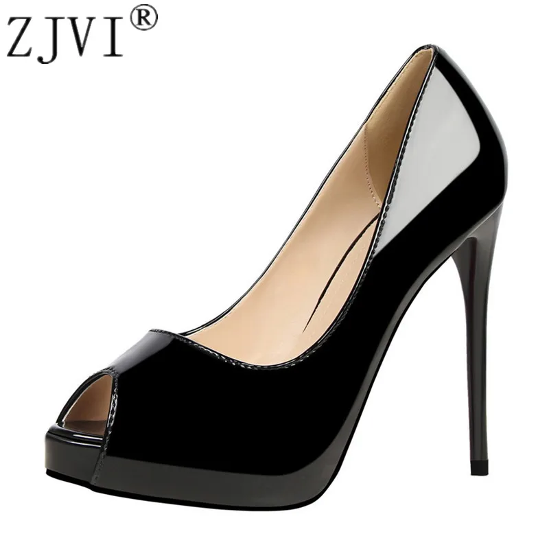 

ZJVI 2019 women fashion nubuck 10.5cm thin high heels pumps for woman peep toe shoes patent PU autumn summer shoes ladies shoes