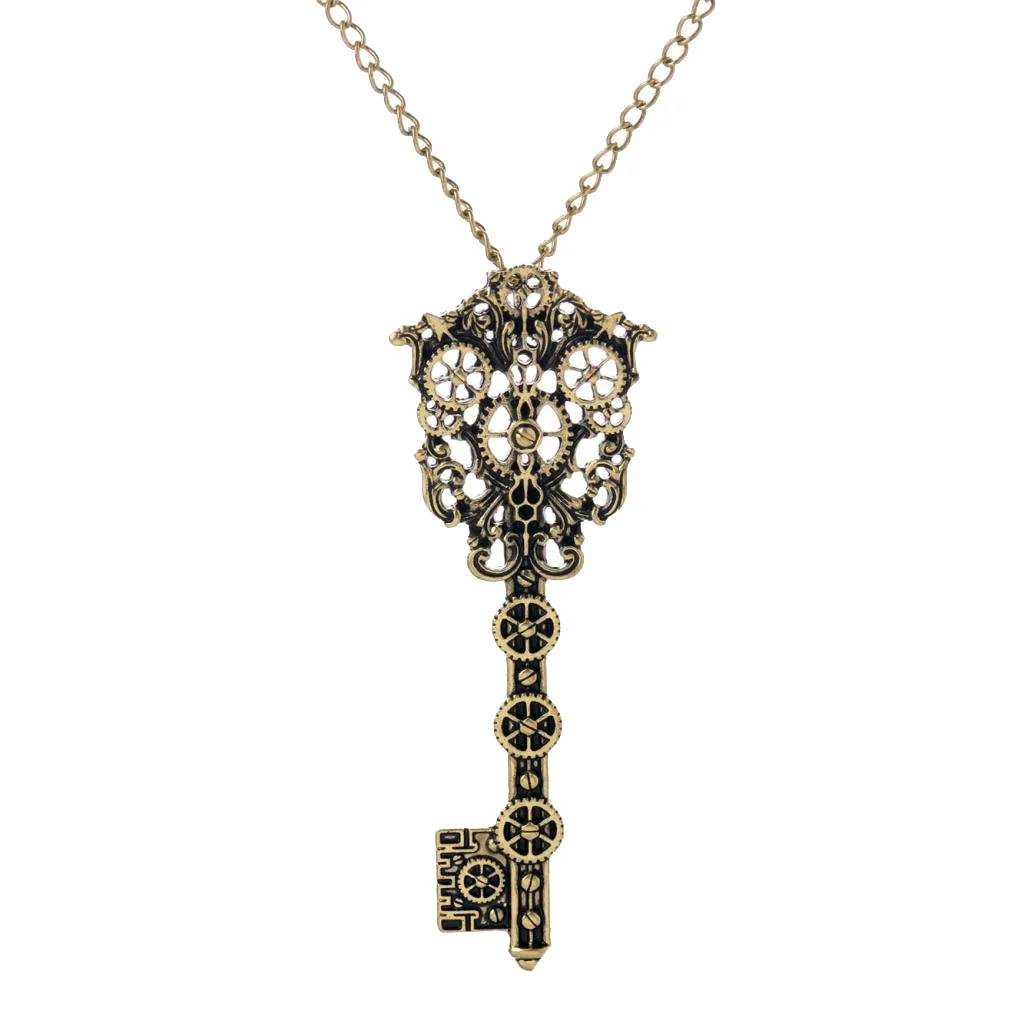 2pcs Vintage Filigree Skeleton Key Gear Cog Steampunk Chain Pendant Necklace