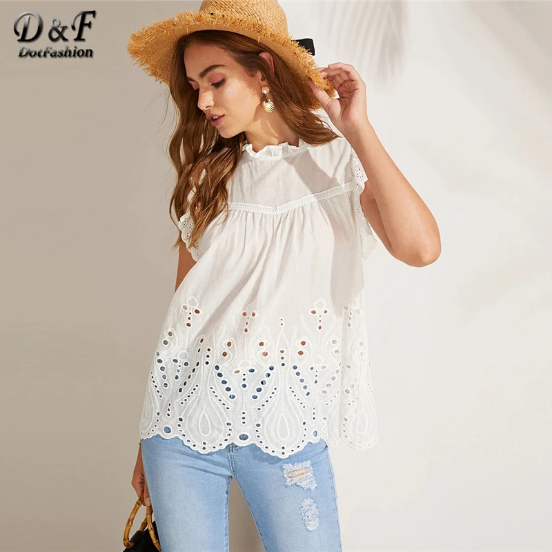 

Dotfashion White Solid Circle Cut Insert Scalloped Ruffle Womens Tops And Blouses Summer 2019 Boho Cap Sleeve Korean Fashion Top