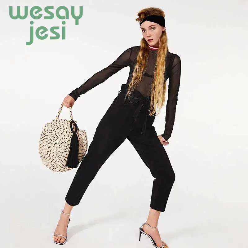 2019 New Sexy Women Shirt See Through Transparent Mesh Tops Long Sleeve Sheer Slim Ladies Turtleneck Shirt tops