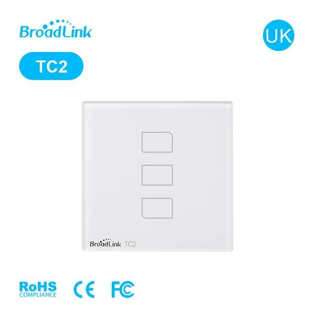 Стандарт Великобритании BroadLink TC2-3-UK умный настенный сенсорный выключатель, e Touch, умный дом 3 банды 1way, версия Великобритании переключатель дистанционного управления через смартфон