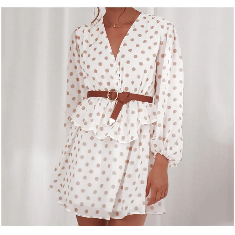 

Elegant Polka Dot See Through Chiffon Vintage Mini Dresses Women Spring Summer Long Sleeve Beige Short Beach Party Sundress