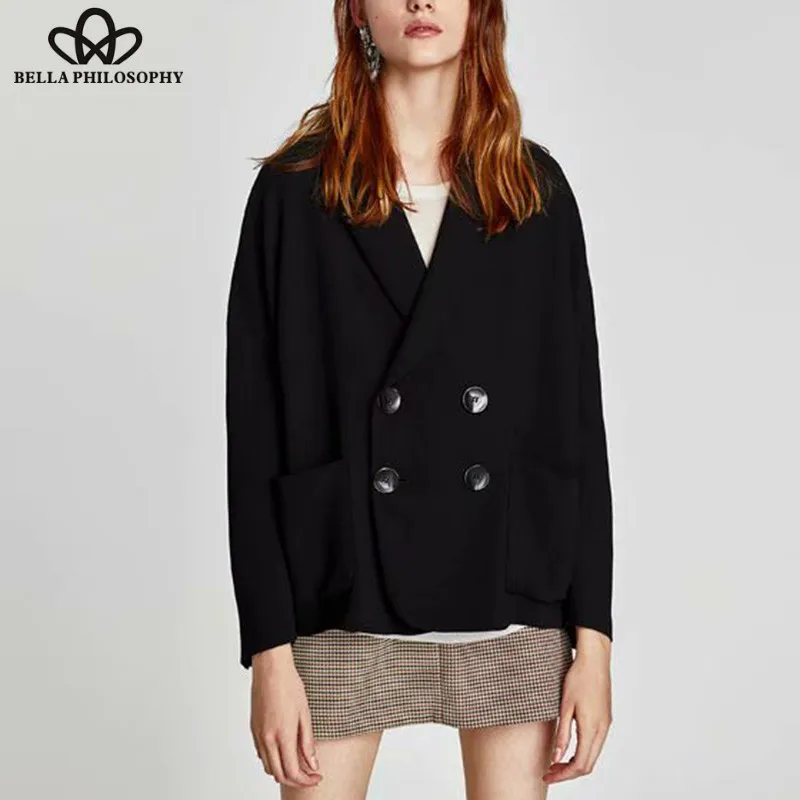 Wonder 2018new autumn fashion wind loose double breasted long sleeve jacket cool black street wear women pockets short coat tops