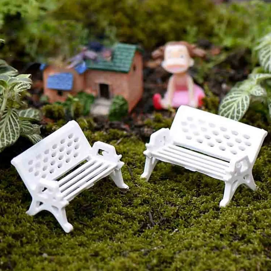 

New 2Pcs white chair bench doll house miniatures lovely cute fairy garden gnome moss terrarium decor crafts bonsai DIY