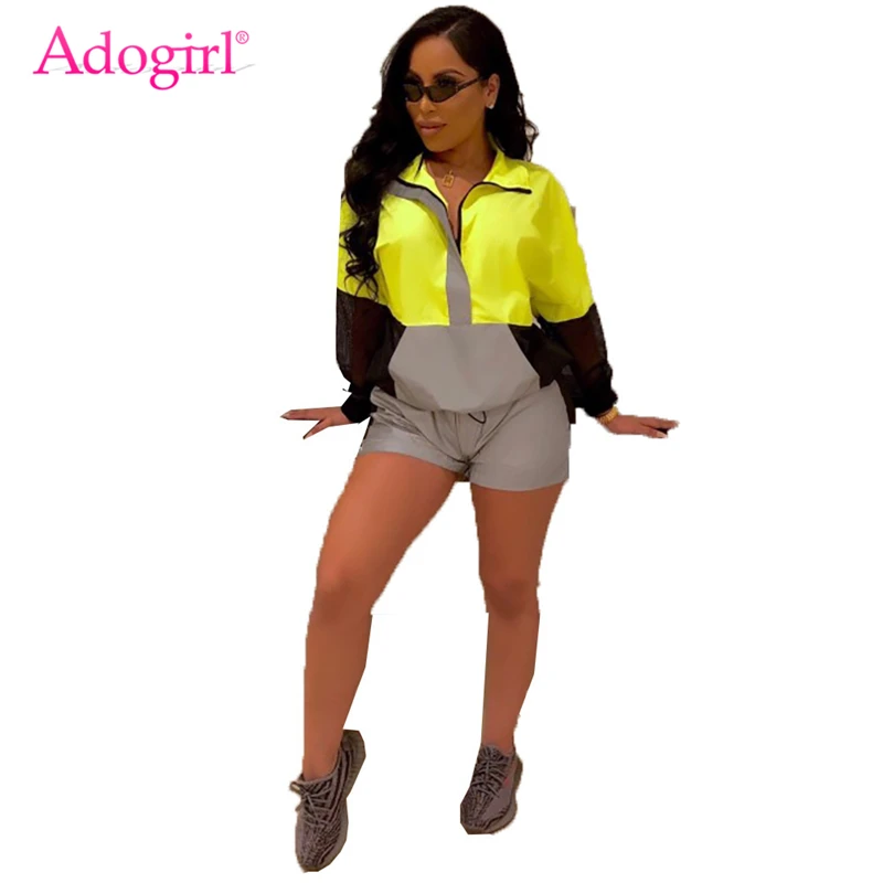 

Adogirl Color Patchwork Reflective Women Tracksuit Two Piece Set Sheer Mesh Long Sleeve Sweatshirt Top + Shorts Casual Outfits